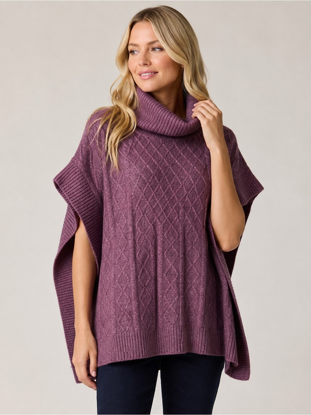 Mia & Tess Cable Knit Turtleneck Poncho Sweater Purple One Size